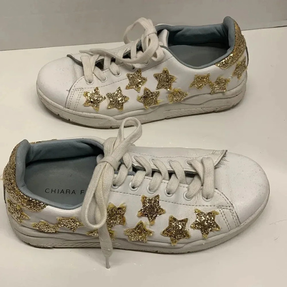Chiara Ferragni Roger Sneakers Shoes Gold Glitter Stars White Leather Lace Up 37 - Picture 2 of 10